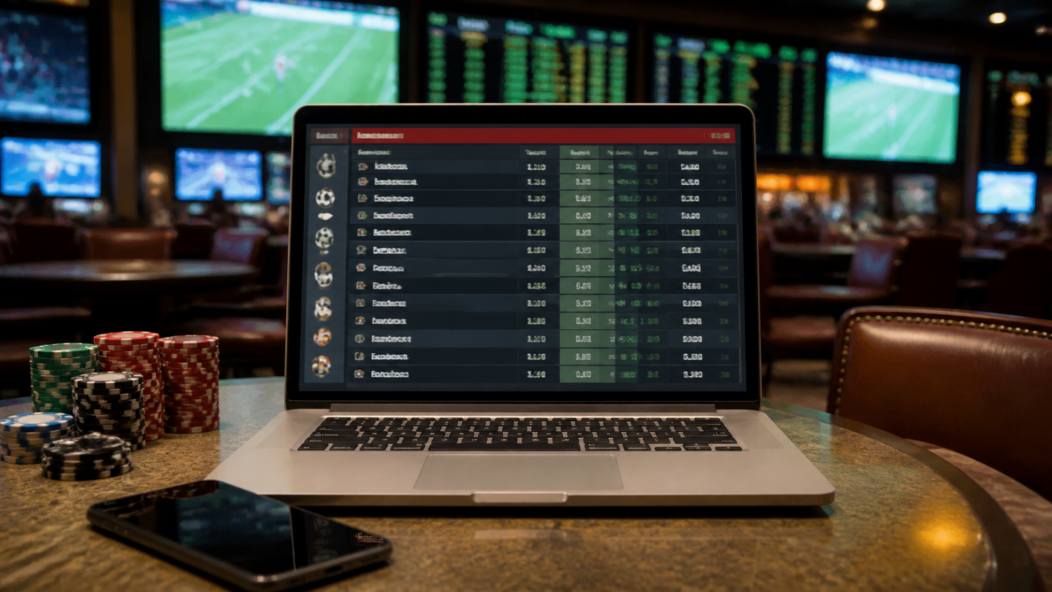 Casino-related betting setup with sportsbook odds on a laptop and chips on the table