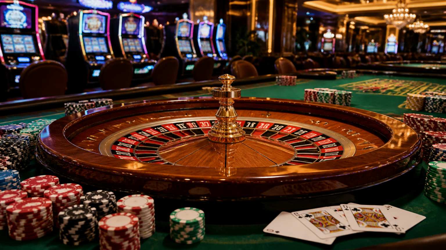 Tavolo da roulette con carte e luci di un casino online
