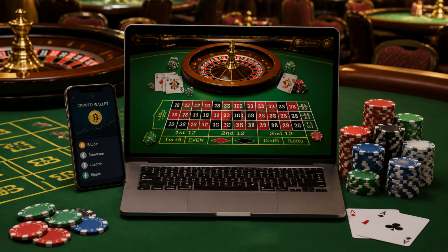 Crypto Casino Sites: What Players Should Know Before Joining Laptop showing a crypto casino interface beside chips and a wallet
