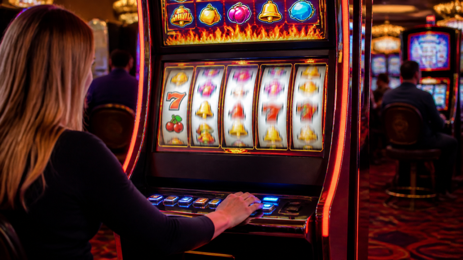 Game nổ hũ: Cách chơi và lựa chọn có trách nhiệm Máy trò chơi nổ hũ với các cuộn biểu tượng trong không gian casino