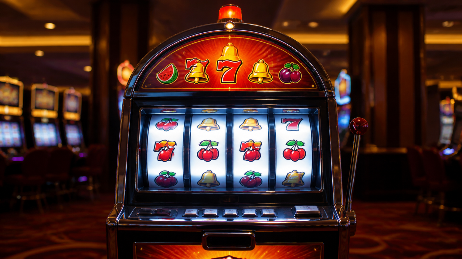 Máy chơi nổ hũ với các cuộn biểu tượng phát sáng trong không gian casino