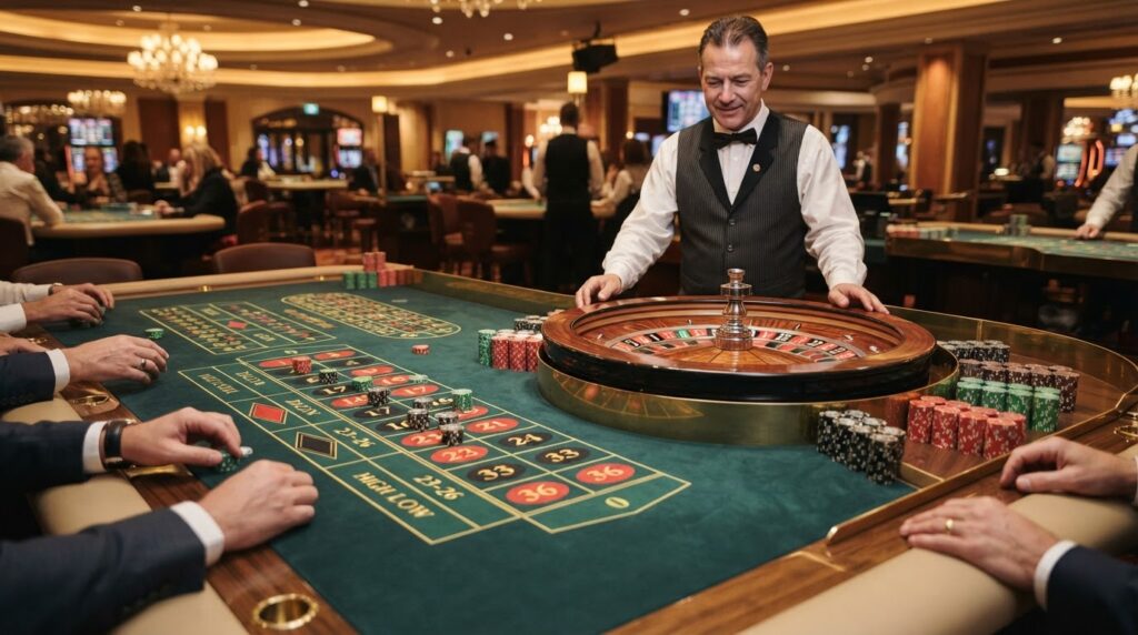 Guide to Singapore Online Casino Options & Features A close-up view of a casino roulette wheel and betting chips on a felt table.