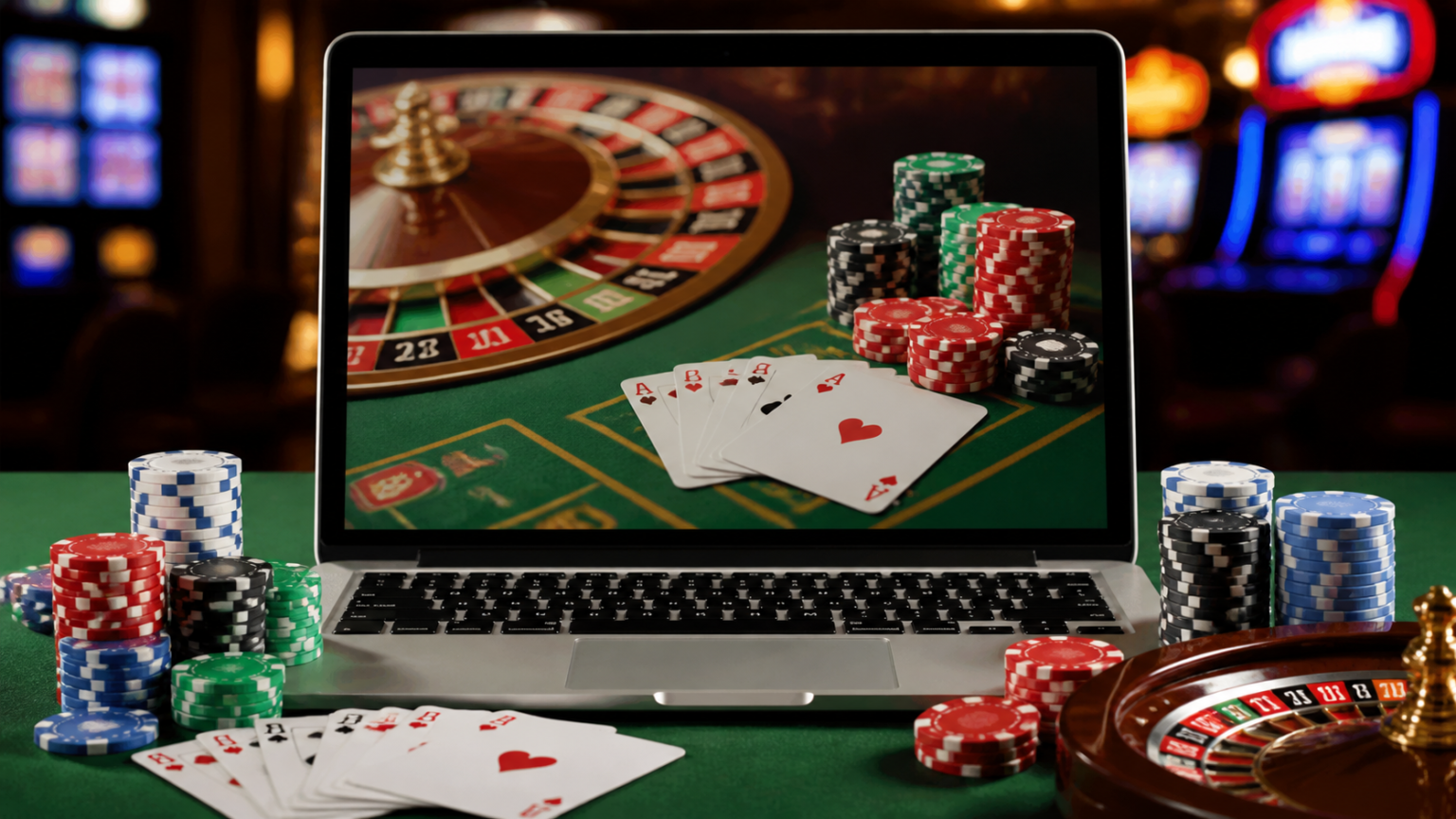 ブックメーカーで海外サッカーを楽しむための基本ガイド Laptop showing online betting sites with casino chips and cards