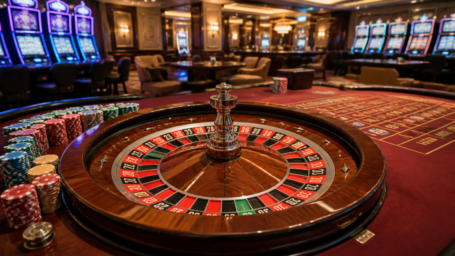 Casino gaming table with roulette wheel and playing cards