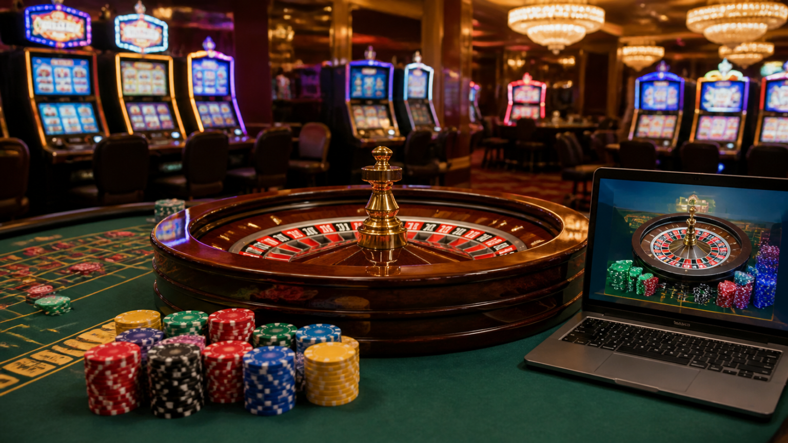 初心者向けオンラインカジノ サイトガイド|遊び方と基本知識を解説 Roulette wheel and laptop representing online casino gaming