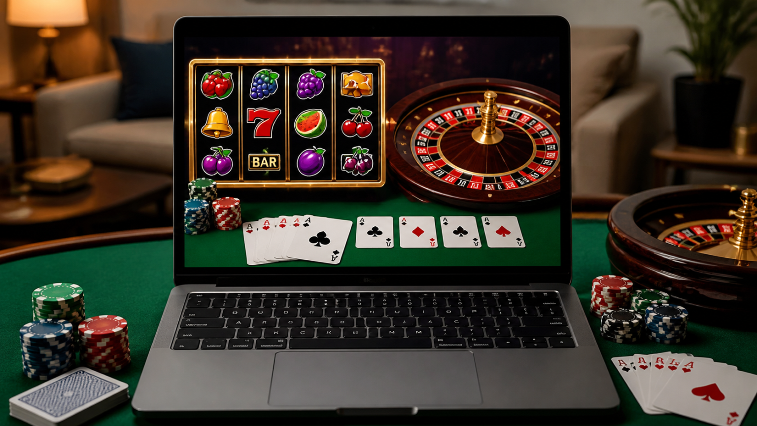 Schermata di un casino online con slot, carte e roulette