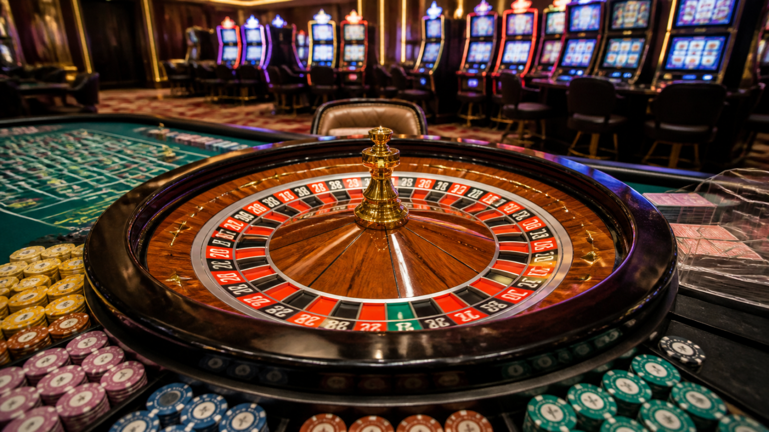 Casino gaming table with cards, chips, and roulette wheel