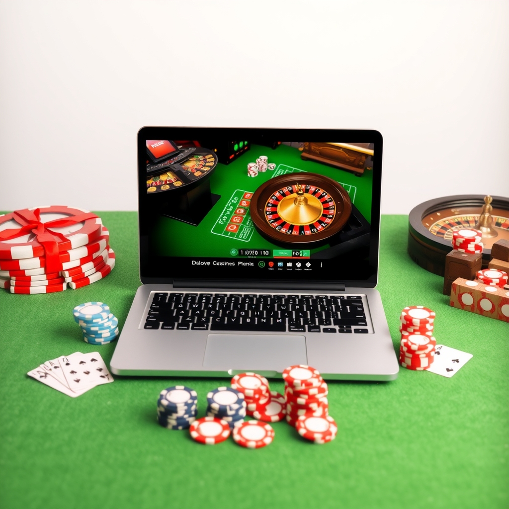 オンラインバカラの遊び方|初心者が知っておきたい基本ルールと流れ Laptop displaying an online casino roulette interface beside playing cards and casino chips
