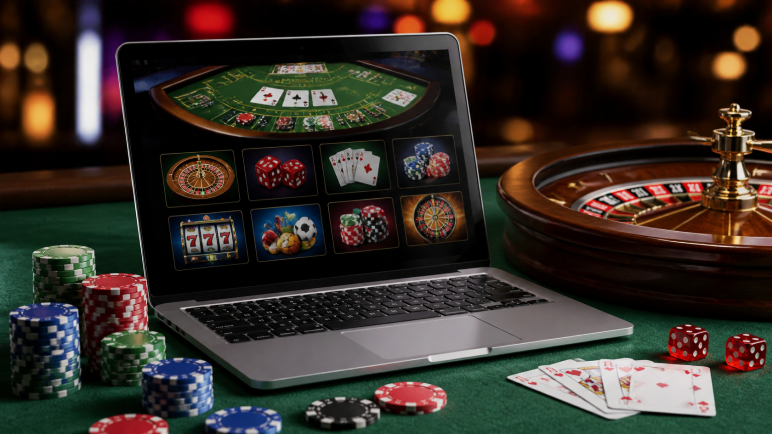 Understanding online casinos in malaysia: A Practical Guide Laptop showing an online casino interface with chips and roulette wheel